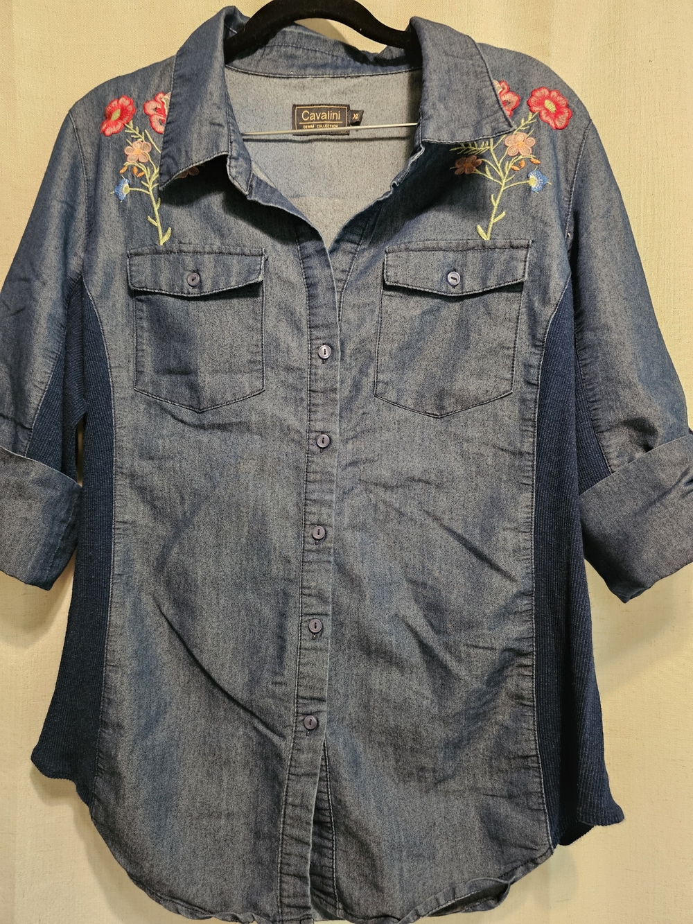Cavalini Blue Denim Button-Front Shirt with Floral Embroidery